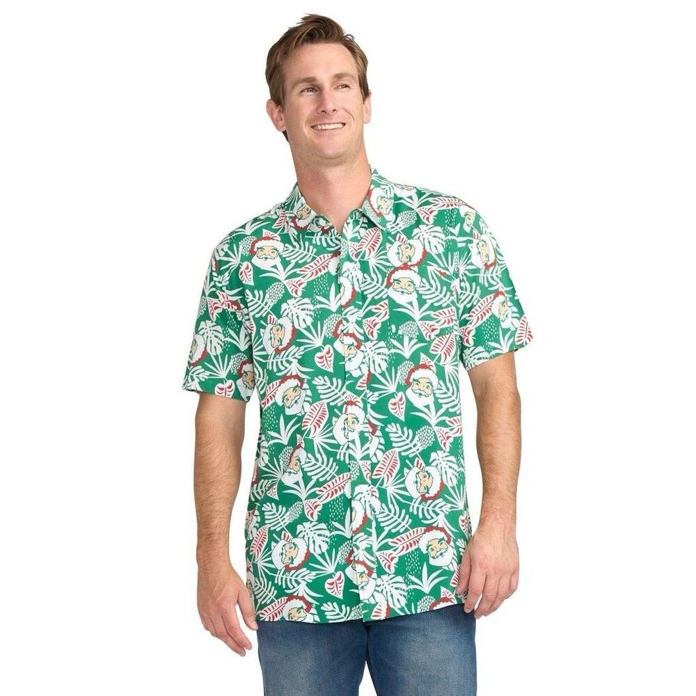 Tipsy Elves Men’s Santa Palms‎ Button Down Shirt NEW Rayon Christmas Hawaiian